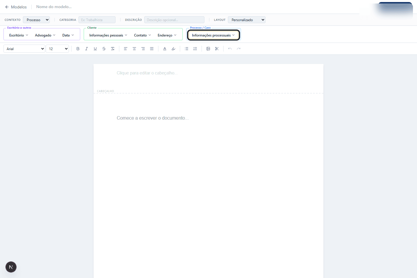 Captura do editor vazio de modelos, sem dados pessoais, com a categoria Informações processuais destacada.