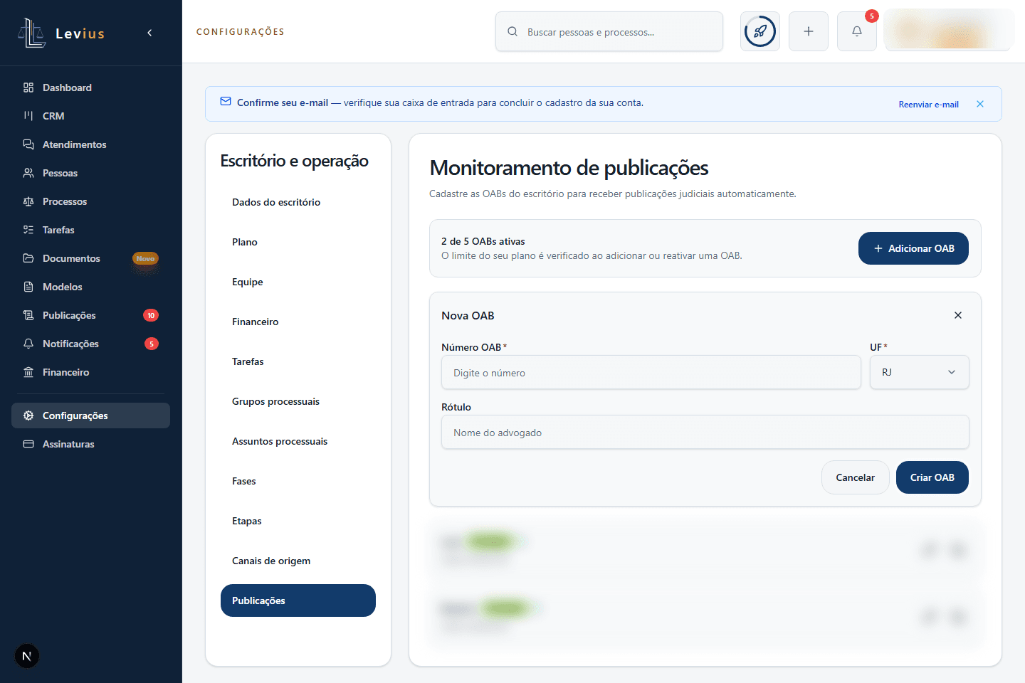 Formulário Nova OAB com a lista existente e os dados da conta borrados.